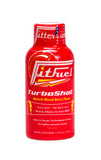 A red bottle of FitFuel TurboShot energy drink with natural mixed berry flavor. The label includes the brand name, product name, and additional product information.