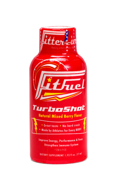 A red bottle of FitFuel TurboShot energy drink with natural mixed berry flavor. The label includes the brand name, product name, and additional product information.