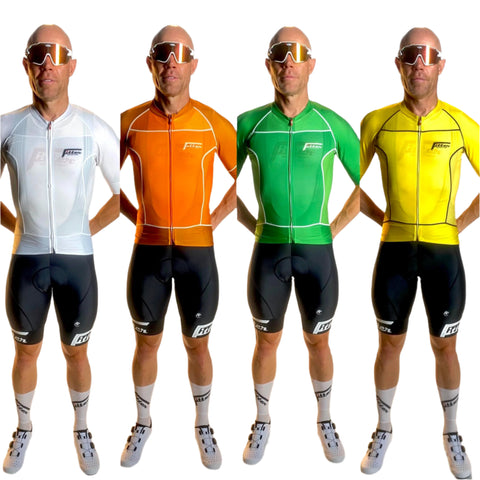 Four individuals wearing different colored cycling outfits on a white background