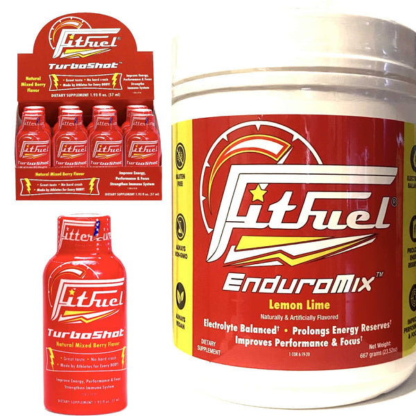 The image shows a container of FitFuel EnduroMix in lemon lime flavor, along with several FitFuel TurboShot packets. The product is marketed for improving energy, focus, and performance, and supports the immune system.