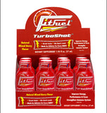 A display of FitFuel TurboShot energy drink bottles in a natural mixed berry flavor, with the product branding and information visible.