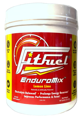 FitFuel EnduroMix supplement container on a black background