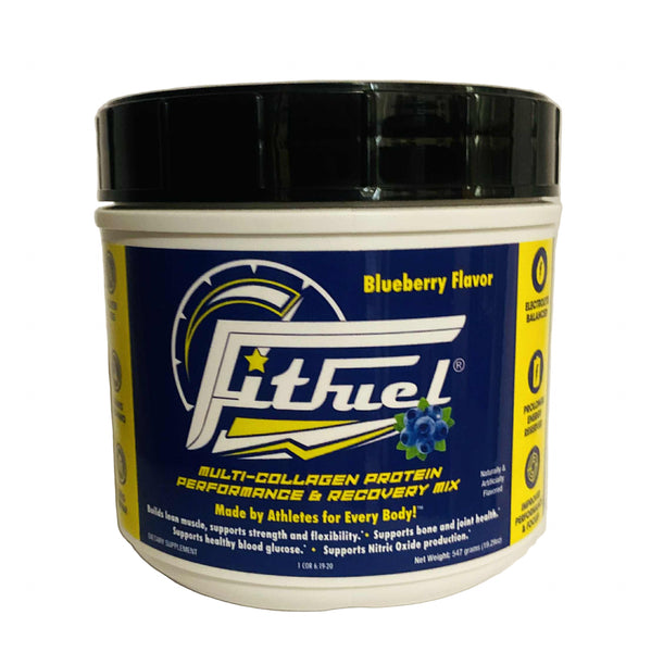 FitFuel blueberry flavor protein powder container on a white background