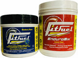 Two FitFuel products, one blueberry flavor and one lemon lime enduromix, on a white background.