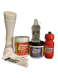 Collection of Fithuel products including a white cup, container, towel, and bottles on a black background