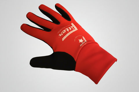 Red glove with a brand logo on a dark background