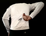 White jacket with a brand logo on a black background