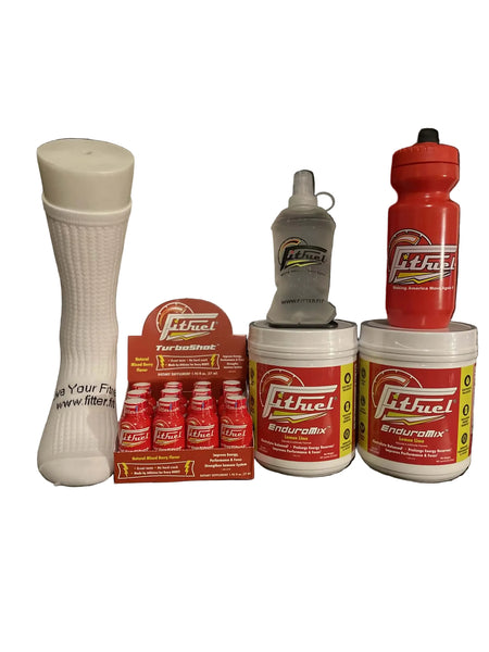 Collection of Litfuel products including a white sock, bottles, and containers on a black background