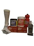 Collection of Lthuel products including a sock, containers, and bottles on a black background