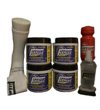 Collection of FitFuel products including containers, a bottle, and a sock on a black background