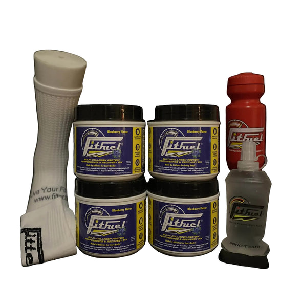 Collection of FitFuel products including containers, a bottle, and a sock on a black background