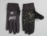 Pair of gray gloves with a brand logo on a dark background