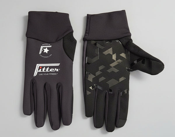 Pair of gray gloves with a brand logo on a dark background