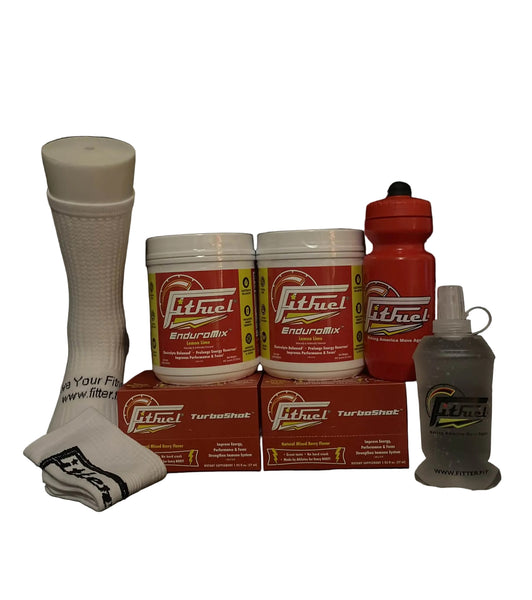 Collection of Fitfuel products including a sock, containers, and bottles on a black background