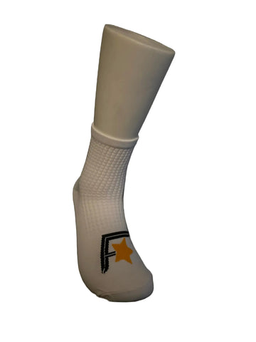 White sock with a logo on a black background