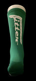 Green sock with white text on a dark background