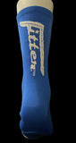 Blue sock with white text on a black background