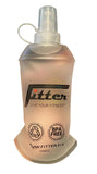 Clear water bottle with 'Fitter' branding held in a hand against a dark background