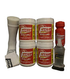 Collection of Fitfuel products including containers and a bottle on a black background