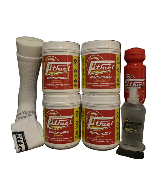Collection of Fitfuel products including containers and a bottle on a black background