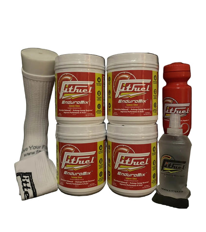 Collection of Fitfuel products including containers and a bottle on a black background