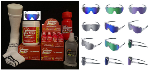 Collection of Lethal Tanning products including sunglasses, bottles, and boxes on a black background.