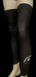 Black knee-high socks with a logo on a black background