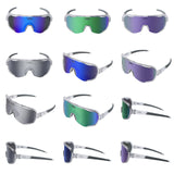 Multiple pairs of sunglasses with reflective lenses on a white background