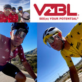 Cyclists in red and yellow jerseys with Vizbl logo and slogan.