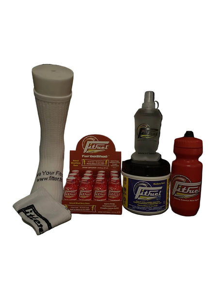 Collection of FitFuel products including a sock, bottles, and containers on a black background