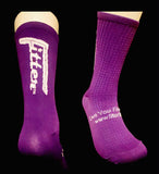 Purple socks with white text on a black background