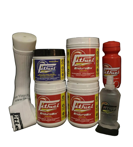 Collection of FitFuel products including containers and a bottle on a black background