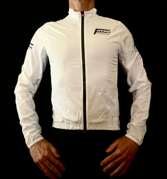 White cycling jacket with brand logo on a black background