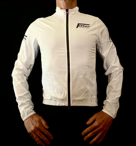 White cycling jacket with brand logo on a black background