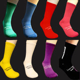 Collage of colorful socks with text on a black background