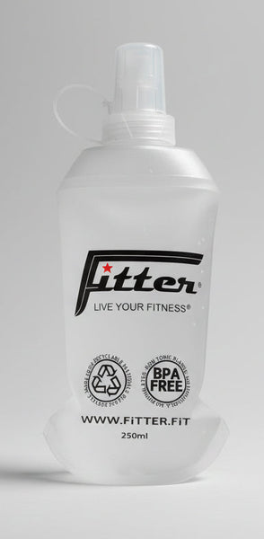 Clear spray bottle held in a hand with 'Fitter' branding on a black background