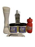 Collection of fitness and sports products including a white cup, spray bottle, and containers on a black background.