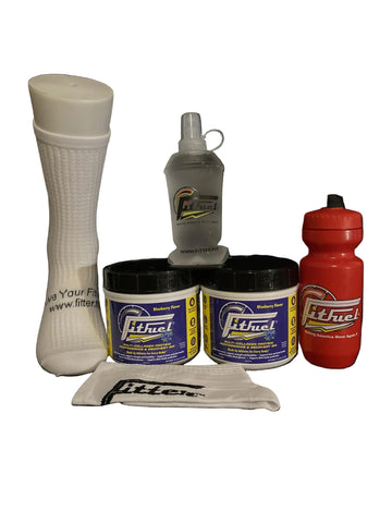 Collection of fitness and sports products including a white cup, spray bottle, and containers on a black background.