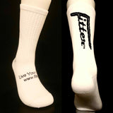 White socks with black text on a black background