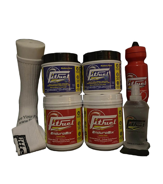 Collection of Fitfuel products including containers and a bottle on a black background