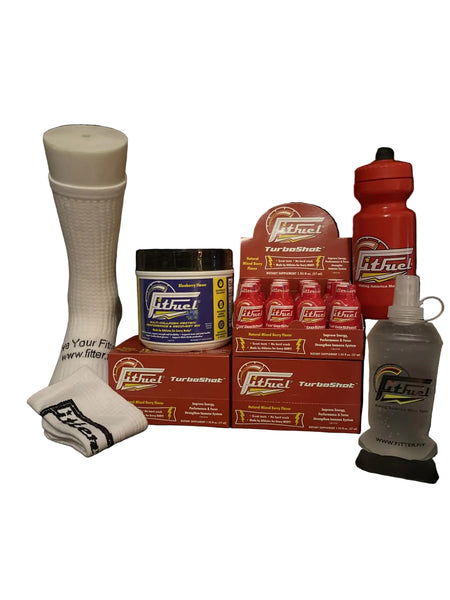 Collection of FitFuel products including a sock, jar, boxes, and bottle on a black background