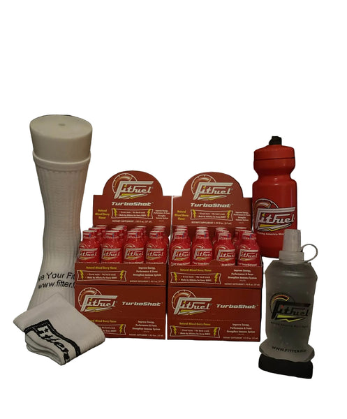 Collection of FitFuel products including bottles and containers on a black background
