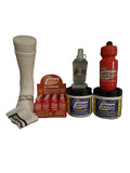 Collection of Ethers branded products including a sock, bottles, and containers on a black background